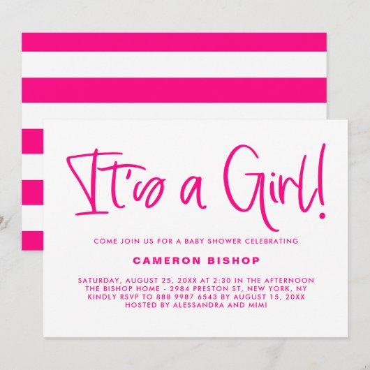 Invitation Fuchsia Cute Calligraphy C'est un Baby shower fémi (Devant / Derrière)