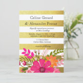 Invitation Fuchsia de mariage fleurs de folklore rayées feuil (Debout devant)