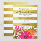 Invitation Fuchsia de mariage fleurs de folklore rayées feuil (Devant / Derrière)