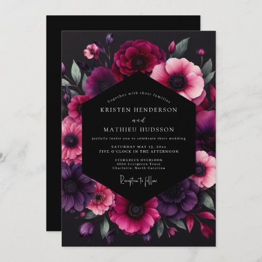 Invitation Fuchsia Dramatic Anemone Wedding (Devant / Derrière)