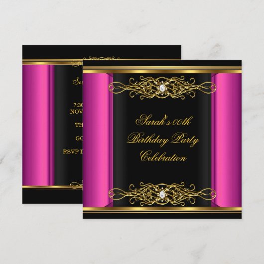 Invitation Fuchsia Élégant Fête d'anniversaire Noir Or (Devant / Derrière)