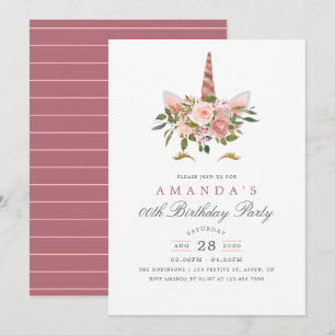 Invitation Fuchsia et licorne florale en or rose pour anniver