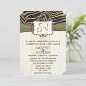 Invitation Fuchsia et Olive Barn Wood Zebra Imprimer Mariage (Debout devant)