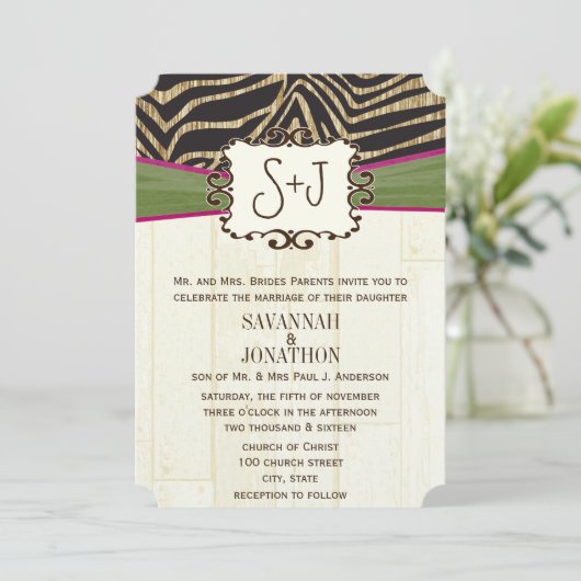 Invitation Fuchsia et Olive Barn Wood Zebra Imprimer Mariage (Debout devant)