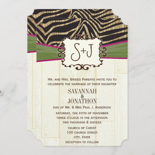Invitation Fuchsia et Olive Barn Wood Zebra Imprimer Mariage (Devant / Derrière)