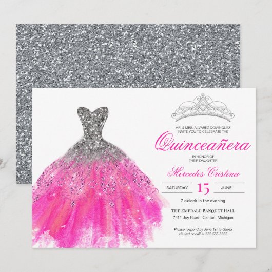 Invitation Fuchsia et Parties scintillant d'argent Glam Gown  (Devant / Derrière)
