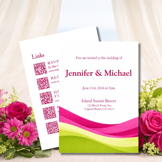 Invitation Fuchsia et vert citron mariage moderne tout-en-un