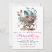Invitation Fuchsia Fleurs Bébé Fille Naissance Rose (Devant)