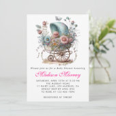 Invitation Fuchsia Fleurs Bébé Fille Naissance Rose (Debout devant)