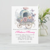 Invitation Fuchsia Fleurs Bébé Fille Poussette Baby Shower (Debout devant)