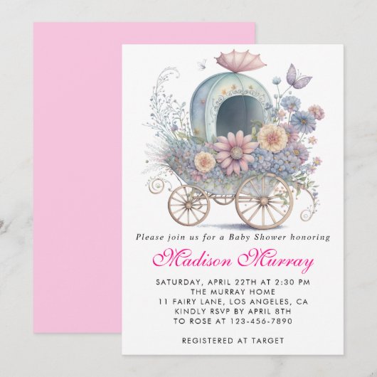 Invitation Fuchsia Fleurs Bébé Fille Poussette Baby Shower (Devant / Derrière)
