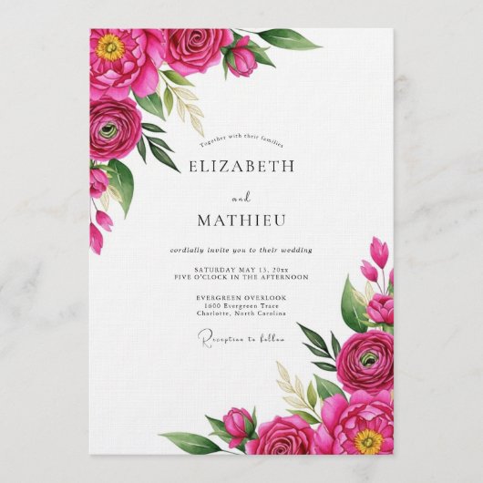 Invitation Fuchsia Fleurs Mariage Impressionniste (Devant)
