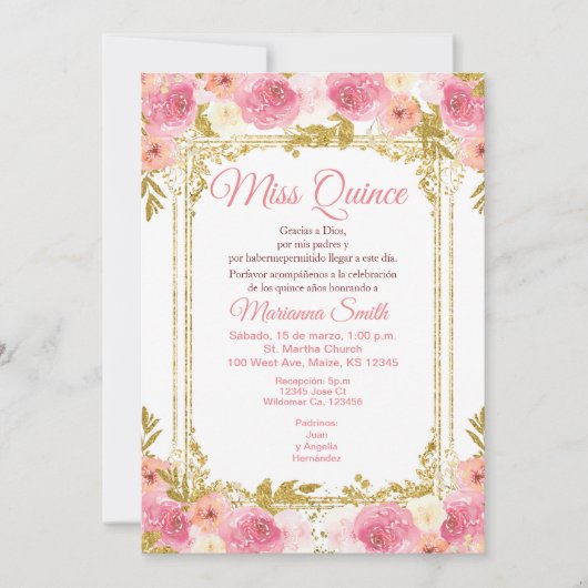 Invitation Fuchsia floral aquarelle Mexicaine Miss Quince   (Devant)