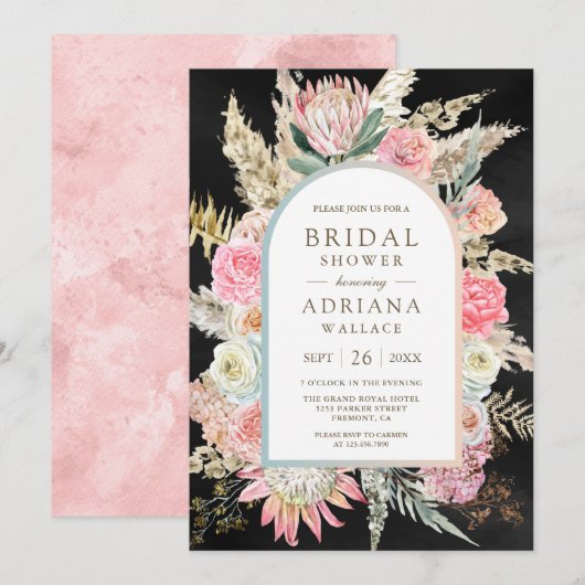 Invitation Fuchsia Floral Boho Pampas Noir Mariage (Devant / Derrière)
