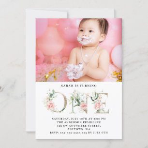 Invitation Fuchsia Floral Or personnalisée 1ère Fête d'annive
