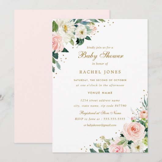 Invitation Fuchsia Floral Or Rose Gold Mariage Baby Shower (Devant / Derrière)