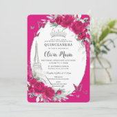 Invitation Fuchsia Floral rose Paris Papillons Quinceañera (Debout devant)