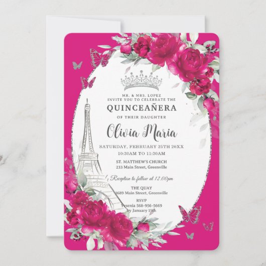 Invitation Fuchsia Floral rose Paris Papillons Quinceañera (Devant)