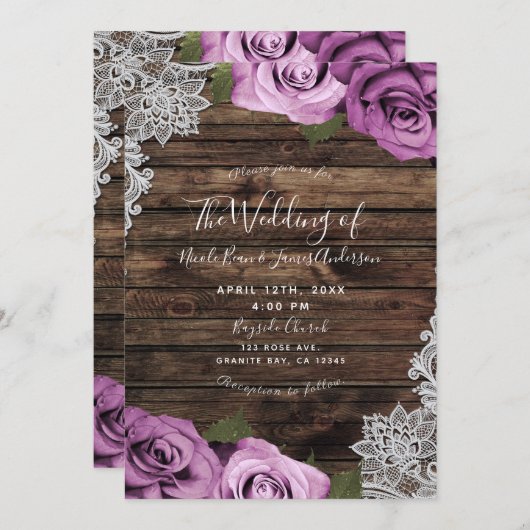Invitation Fuchsia Floral Rose Rustique Bois & Mariage de den (Devant / Derrière)