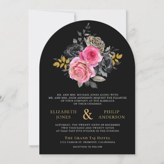 Invitation Fuchsia Floral Roses QR Code photo Mariage noir (Devant)