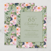 Invitation Fuchsia Floral Vert Menthe 65e Anniversaire (Devant / Derrière)