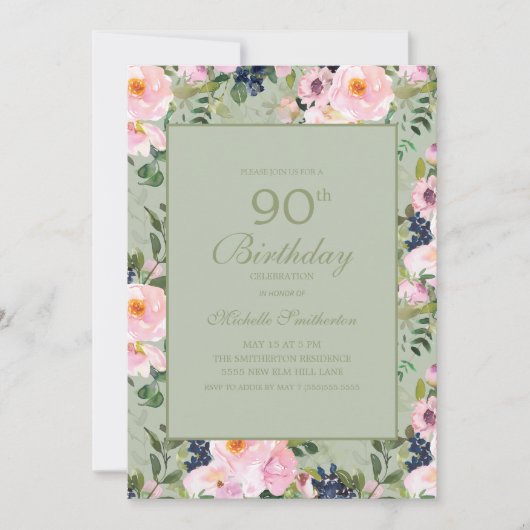 Invitation Fuchsia Floral Vert Menthe 90e Anniversaire (Devant)