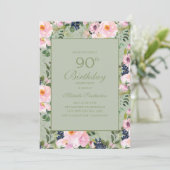 Invitation Fuchsia Floral Vert Menthe 90e Anniversaire (Debout devant)
