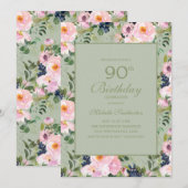 Invitation Fuchsia Floral Vert Menthe 90e Anniversaire (Devant / Derrière)