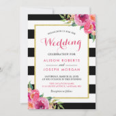 Invitation Fuchsia framboise fleurs rayures mariage moderne (Devant)