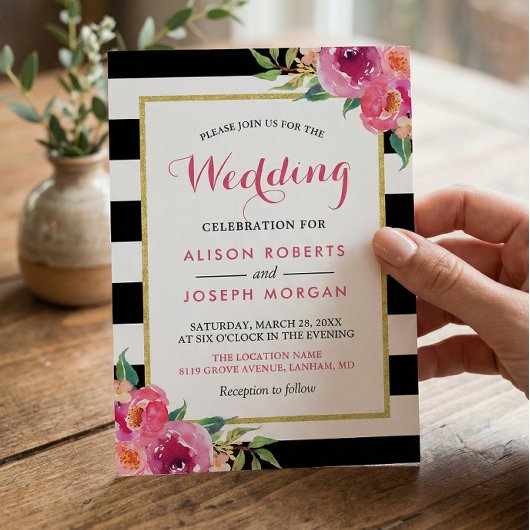Invitation Fuchsia framboise fleurs rayures mariage moderne