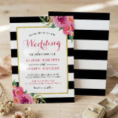 Invitation Fuchsia framboise fleurs rayures mariage moderne