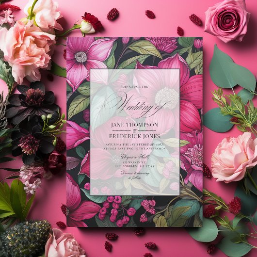 Invitation Fuchsia Glamour, Vert Émeraude & Floral Noir