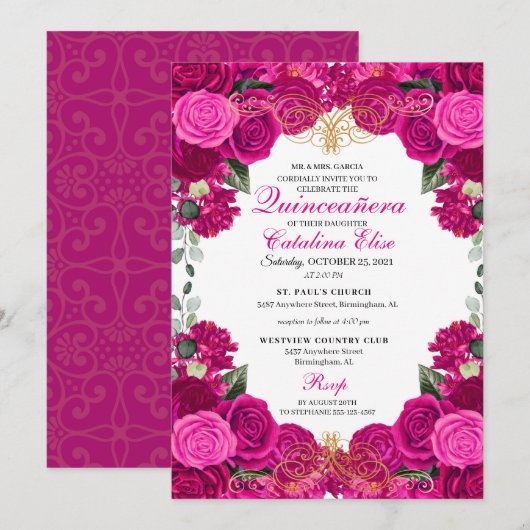 Invitation Fuchsia & Gold Floral Quinceanera Anniversaire (Devant / Derrière)