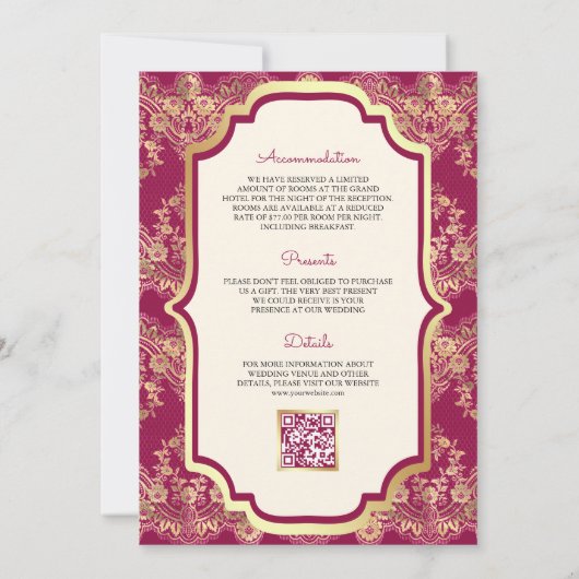 Invitation Fuchsia Gold Lace QR Code Anand Karaj Sikh Mariage (Dos)