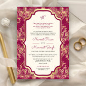 Invitation Fuchsia Gold Lace QR Code Anand Karaj Sikh Mariage