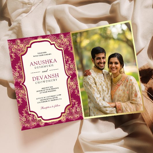 Invitation Fuchsia Gold Lace QR Code Photo Mariage indien