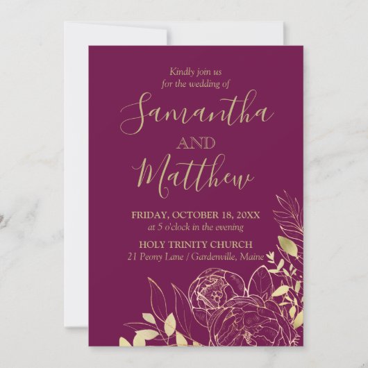 Invitation Fuchsia & Gold Peony Mariage Floral moderne (Devant)