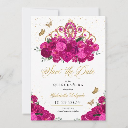 Invitation Fuchsia & Gold Tiara Enregistrer La Date Quinceañe (Devant)
