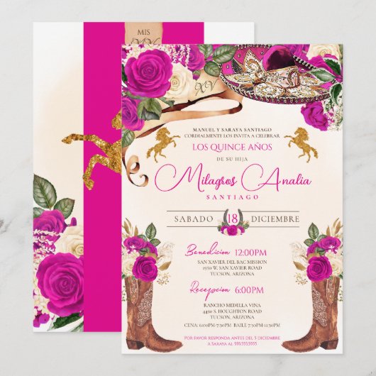 Invitation Fuchsia Hot Pink Roses Western Charro Quinceañera (Devant / Derrière)