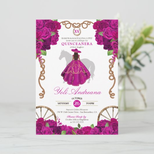 Invitation Fuchsia Hot Pink Roses Western Charro Quinceañera (Debout devant)