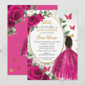 Invitation Fuchsia Hot rose Floral Brown Princesse Quinceañer (Devant / Derrière)