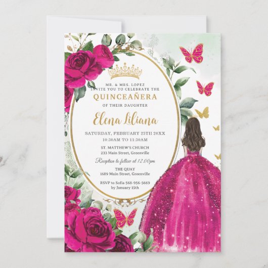 Invitation Fuchsia Hot rose Floral Princess Gold Quinceañera (Devant)