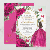 Invitation Fuchsia Hot rose Floral Princess Gold Quinceañera (Devant / Derrière)