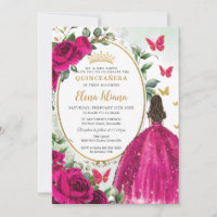 Fuchsia Hot rose Floral Princess Gold Quinceañera
