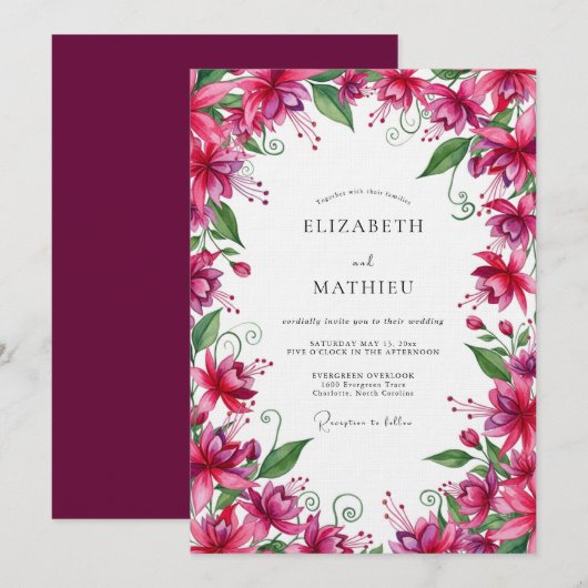 Invitation Fuchsia Lush Botanical Wedding (Devant / Derrière)
