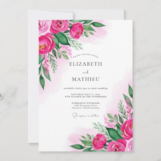 Invitation Fuchsia Lush Watercolor Wedding (Devant)
