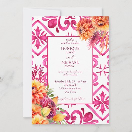 Invitation Fuchsia Majolica carreaux orange dahlia tout en un (Devant)