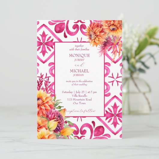 Invitation Fuchsia Majolica carreaux orange dahlia tout en un (Debout devant)