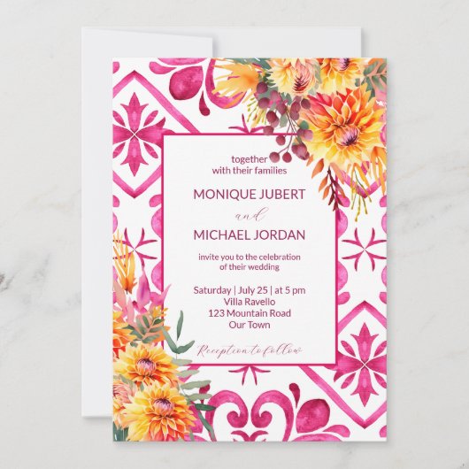 Invitation Fuchsia Majolica carreaux orange dahlia tout en un (Devant)