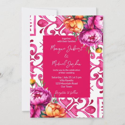 Invitation Fuchsia Majolica tuiles oranges pivoines tout en u (Devant)